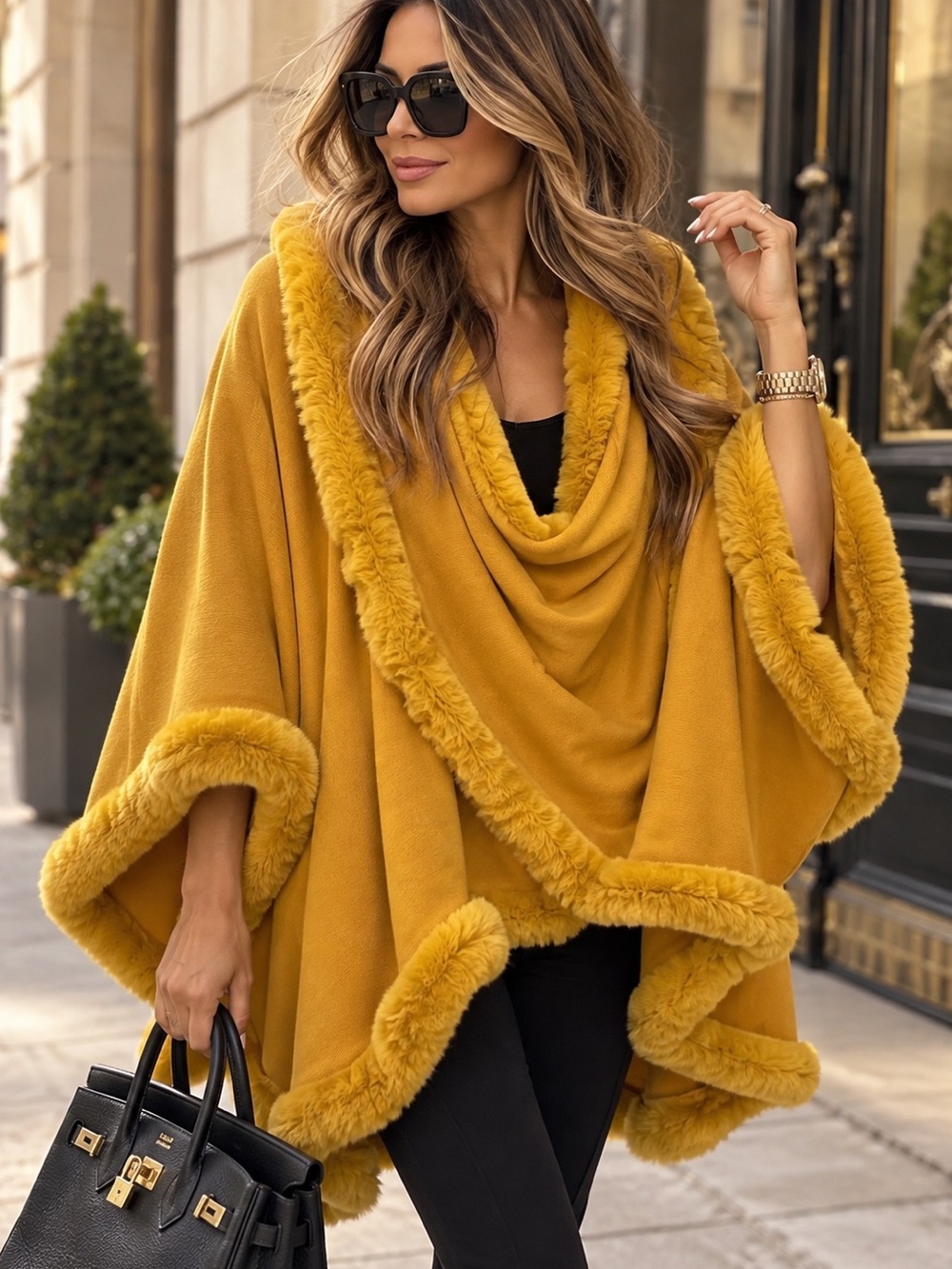 ShopEvelynne Mustard Faux-Fur Trim Draped Poncho Sweater